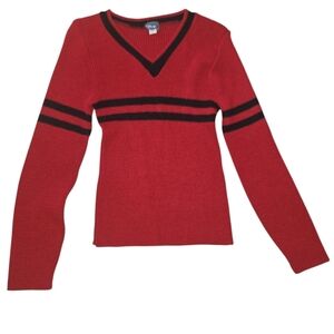 Y2K rave Red V-Neck Sweater with Black Stripe Detail Size S